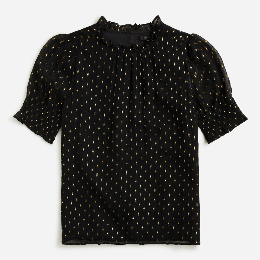 NEW J. Crew Black Lurex Chiffon Smocked Puff Sleeve High Neck Classic Top S